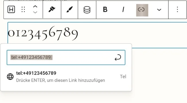 Wo man in WordPress die Telefonnummer verlinkt. Das Symbol ist makiert. Und der link dazu: tel:+49123456789
