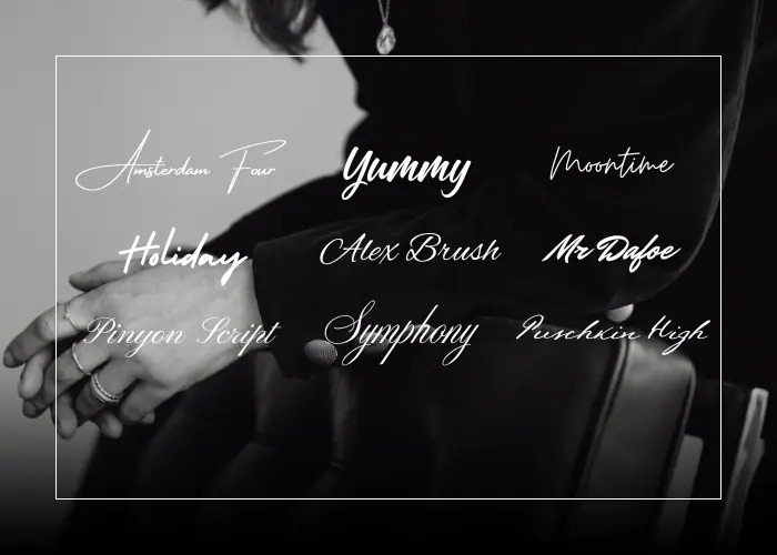 Schwarz-weiße Nahaufnahme von verschränkten Händen mit Ringen und Halskette, darüber neun Schriftbeispiele von Canva in verschiedenen kalligrafischen Schriften: Amsterdam Four, Yummy , Moontime , Holiday , Alex Brush , Mr Dafoe , Pinyon Script , Symphony , Pushkin High