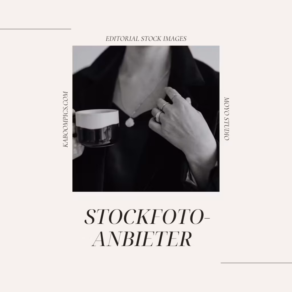 Ein Person die eine Tasse hält. Um das Bild herum steht in Großbuchstaben der Text EDITORIAL STOCK IMAGES oben, KABOOMPIKS.COM links, MOYO STUDIO rechts und unten in größerer Schrift STOCKFOTO-ANBIETER.