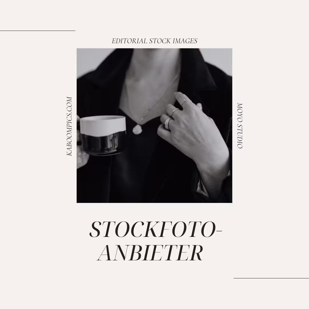 Ein Person die eine Tasse hält. Um das Bild herum steht in Großbuchstaben der Text EDITORIAL STOCK IMAGES oben, KABOOMPIKS.COM links, MOYO STUDIO rechts und unten in größerer Schrift STOCKFOTO-ANBIETER.